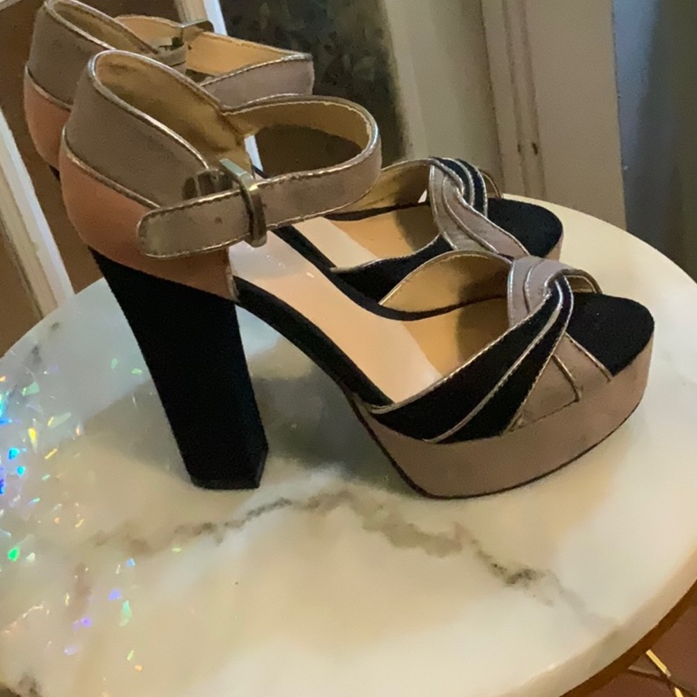 Platform Block Heel Sandals in Beige and Black - Women's